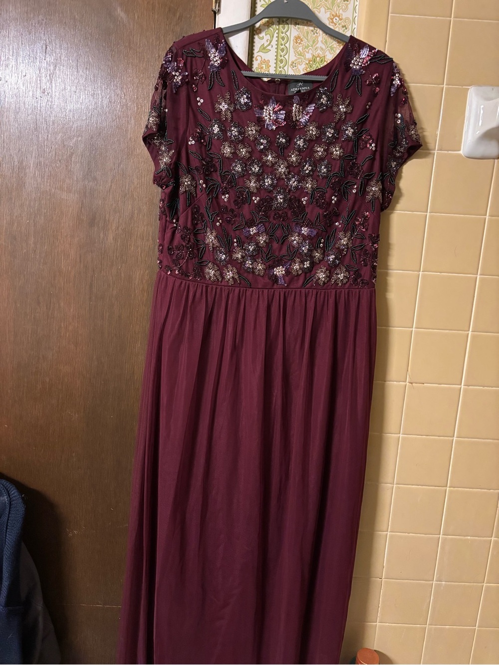 Adrianna Papell Burgundy Beaded Maxi Dress